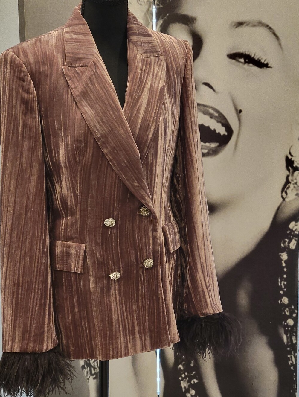 Zara Mauve Velvet Double-Breasted Blazer with Feather Cuffs